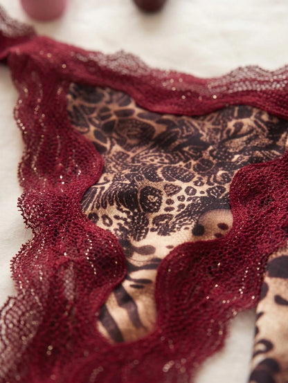 Spicy Aura 2pcs Lace Contrast Mesh Sexy Nightgown Set (Halter Neck + Sexy + Animal Print + Panty) Wedding Lingerie Set Dress Lingerie Babydoll Dress Boudoir Shooting Outfit Leopard Print Lingerie
