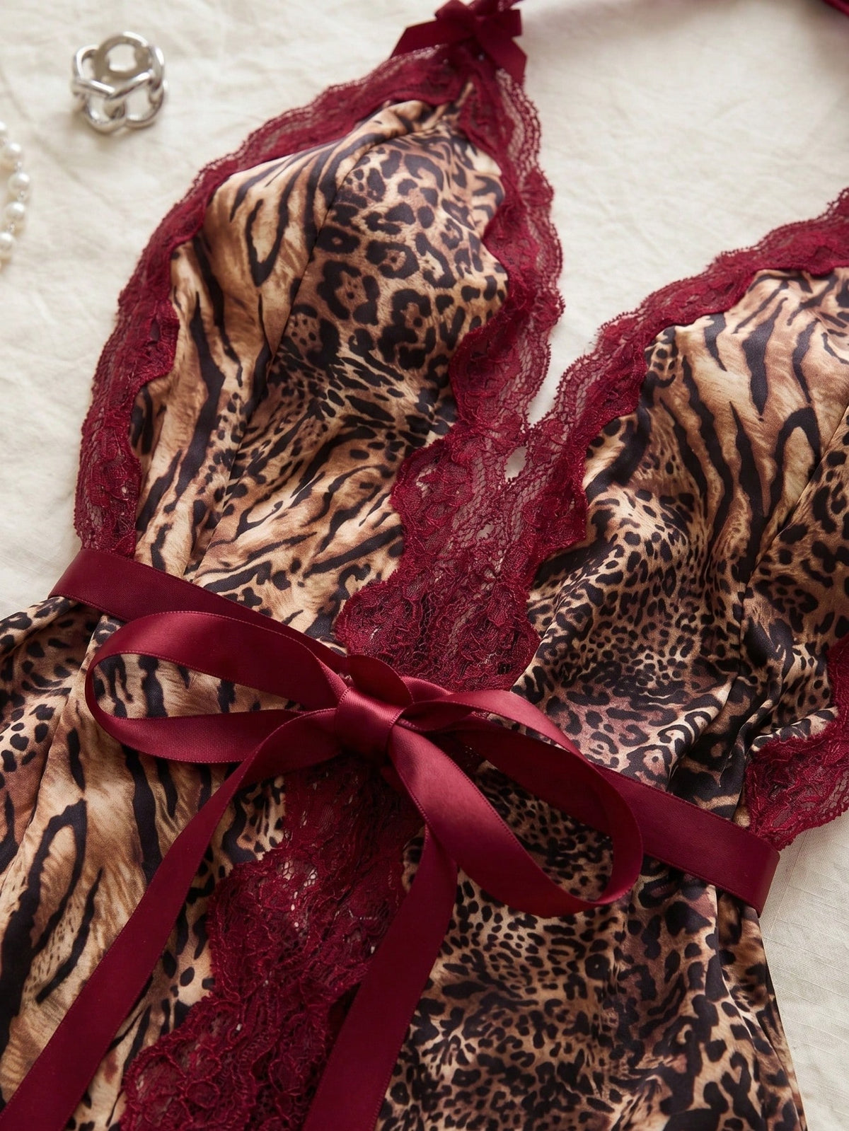 Spicy Aura 2pcs Lace Contrast Mesh Sexy Nightgown Set (Halter Neck + Sexy + Animal Print + Panty) Wedding Lingerie Set Dress Lingerie Babydoll Dress Boudoir Shooting Outfit Leopard Print Lingerie