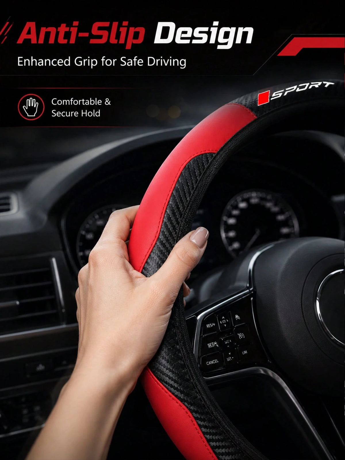 Sporty Carbon Fiber Pattern Steering Wheel Cover, Premium PU Leather With Non-Slip Grip, Universal Fit For 14.5-15 Inch Steering Wheels (Cars/SUVs/Trucks), Racing Style Interior Accessory