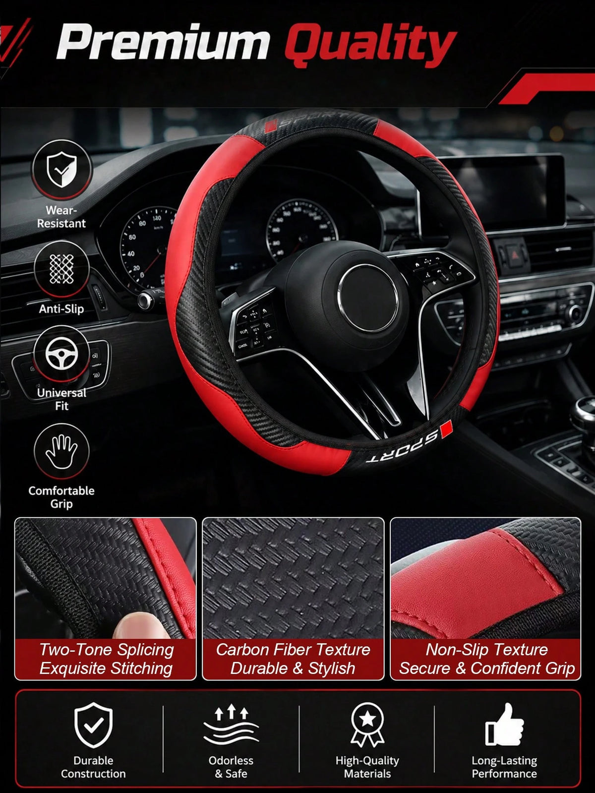 Sporty Carbon Fiber Pattern Steering Wheel Cover, Premium PU Leather With Non-Slip Grip, Universal Fit For 14.5-15 Inch Steering Wheels (Cars/SUVs/Trucks), Racing Style Interior Accessory