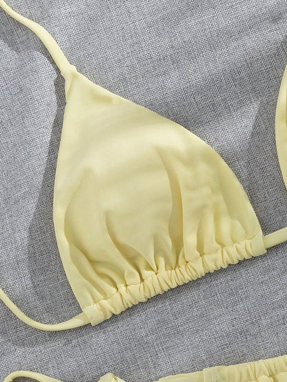 Spring/Summer Women's Sexy Solid Color Halter Bikini Beach Vacation Two-Piece Swimsuit Set, Made Of High Elastic Fabric Yellow