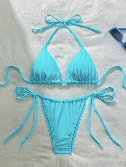 Spring/Summer Women's Sexy Solid Color Halter Bikini Beach Vacation Two-Piece Swimsuit Set, Made Of High Elastic Fabric Yellow