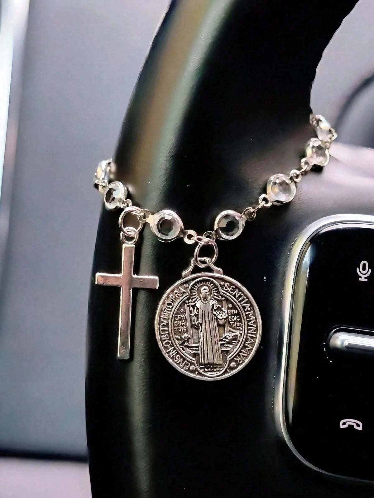 St. Benedict Cross Car Pendant, Blessing Travel Amulet, Religious Protection Car Interior Decor, Hang On Steering Wheel Or Handbag, Perfect Christmas Thanksgiving New Car Gift For Family And Friends