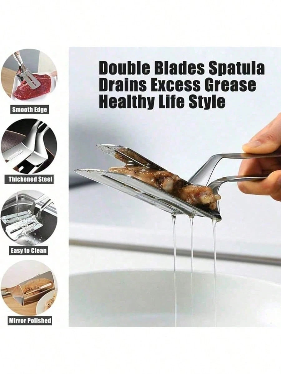 Stainless Steel Double Spatula Tong, Multipurpose Kitchen Food Clip For Steak,Fried Fish,Pancake,Burger,Heat Resistant Grill Turner Clamp,Space Saving Home Cooking Gadget Gift