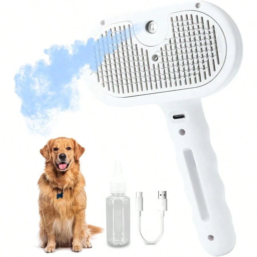 Steam Dog Brush For Shedding & Grooming- Self-Cleaning Deshedding Brush With Spritz Function, Pet Spray Hair Removal Comb| Defurring Tool For Long And Short Haired Dogs Cats (White)
