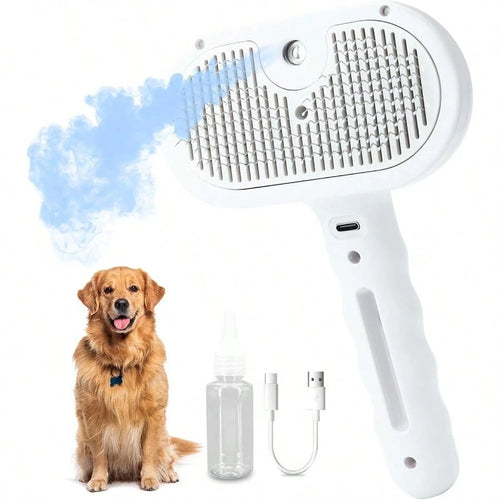 Steam Dog Brush For Shedding & Grooming- Self-Cleaning Deshedding Brush With Spritz Function, Pet Spray Hair Removal Comb| Defurring Tool For Long And Short Haired Dogs Cats (White)