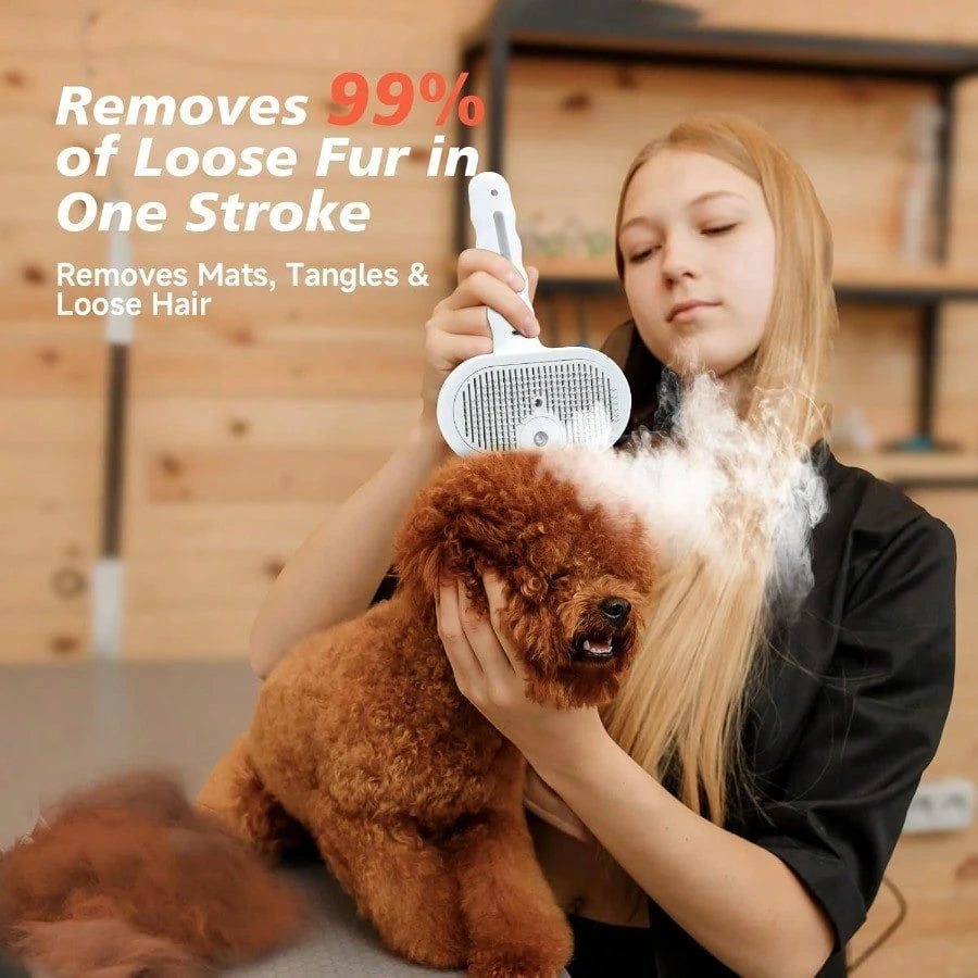 Steam Dog Brush For Shedding & Grooming- Self-Cleaning Deshedding Brush With Spritz Function, Pet Spray Hair Removal Comb| Defurring Tool For Long And Short Haired Dogs Cats (White)