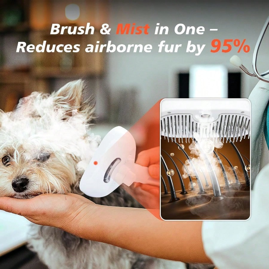 Steam Dog Brush For Shedding & Grooming- Self-Cleaning Deshedding Brush With Spritz Function, Pet Spray Hair Removal Comb| Defurring Tool For Long And Short Haired Dogs Cats (White)