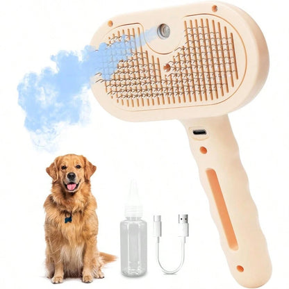 Steam Dog Brush For Shedding & Grooming- Self-Cleaning Deshedding Brush With Spritz Function, Pet Spray Hair Removal Comb| Defurring Tool For Long And Short Haired Dogs Cats (White)