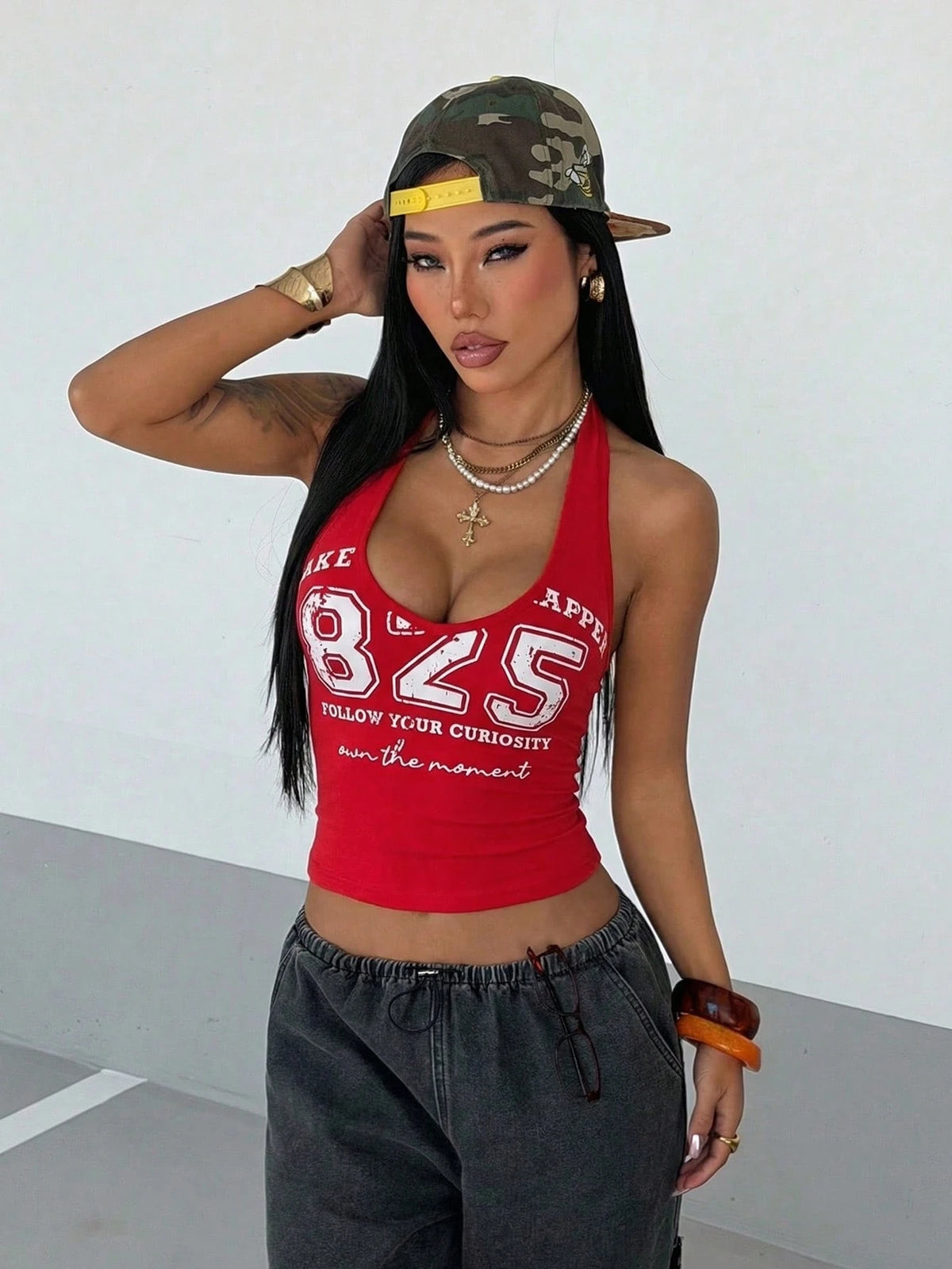 StreetHx Women's Red And White Numeric College Print Camisole,Summer Streetwear City Break V-Neck Spaghetti Strap,Y2K Baddie 2000s Style Music Festival Top
