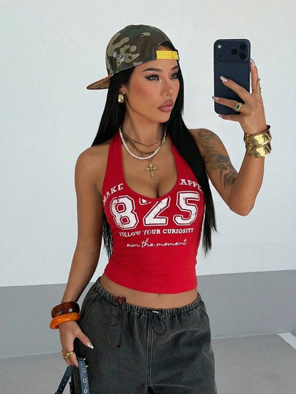 StreetHx Women's Red And White Numeric College Print Camisole,Summer Streetwear City Break V-Neck Spaghetti Strap,Y2K Baddie 2000s Style Music Festival Top