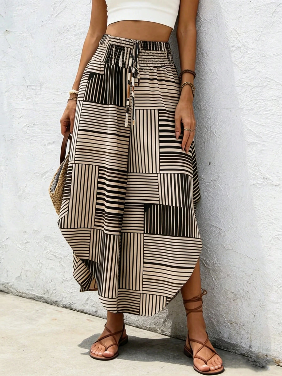 Striped Contrast Color Waist Band Women's Skirt