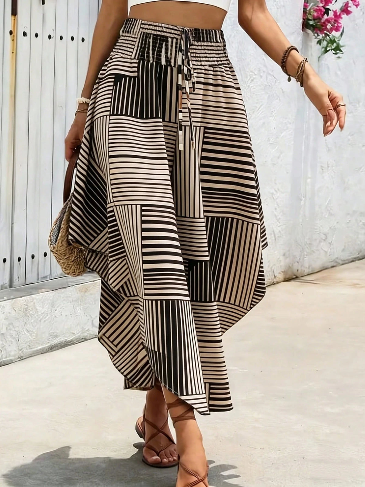 Striped Contrast Color Waist Band Women's Skirt