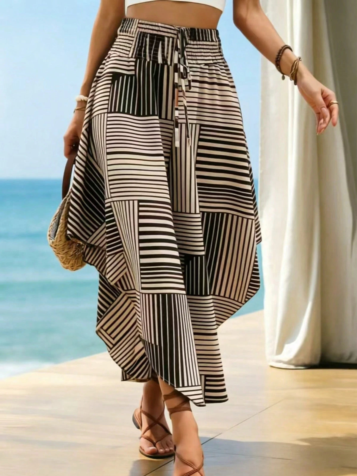Striped Contrast Color Waist Band Women's Skirt