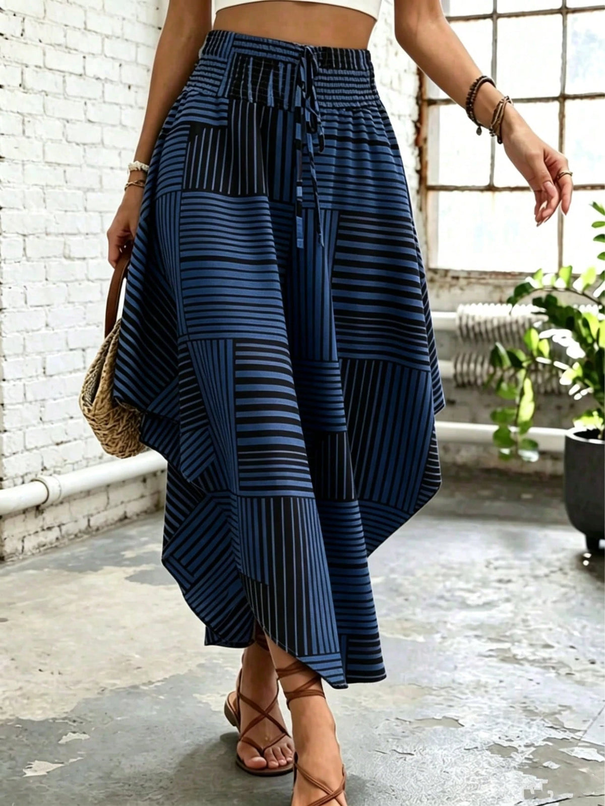 Striped Contrast Color Waist Band Women's Skirt