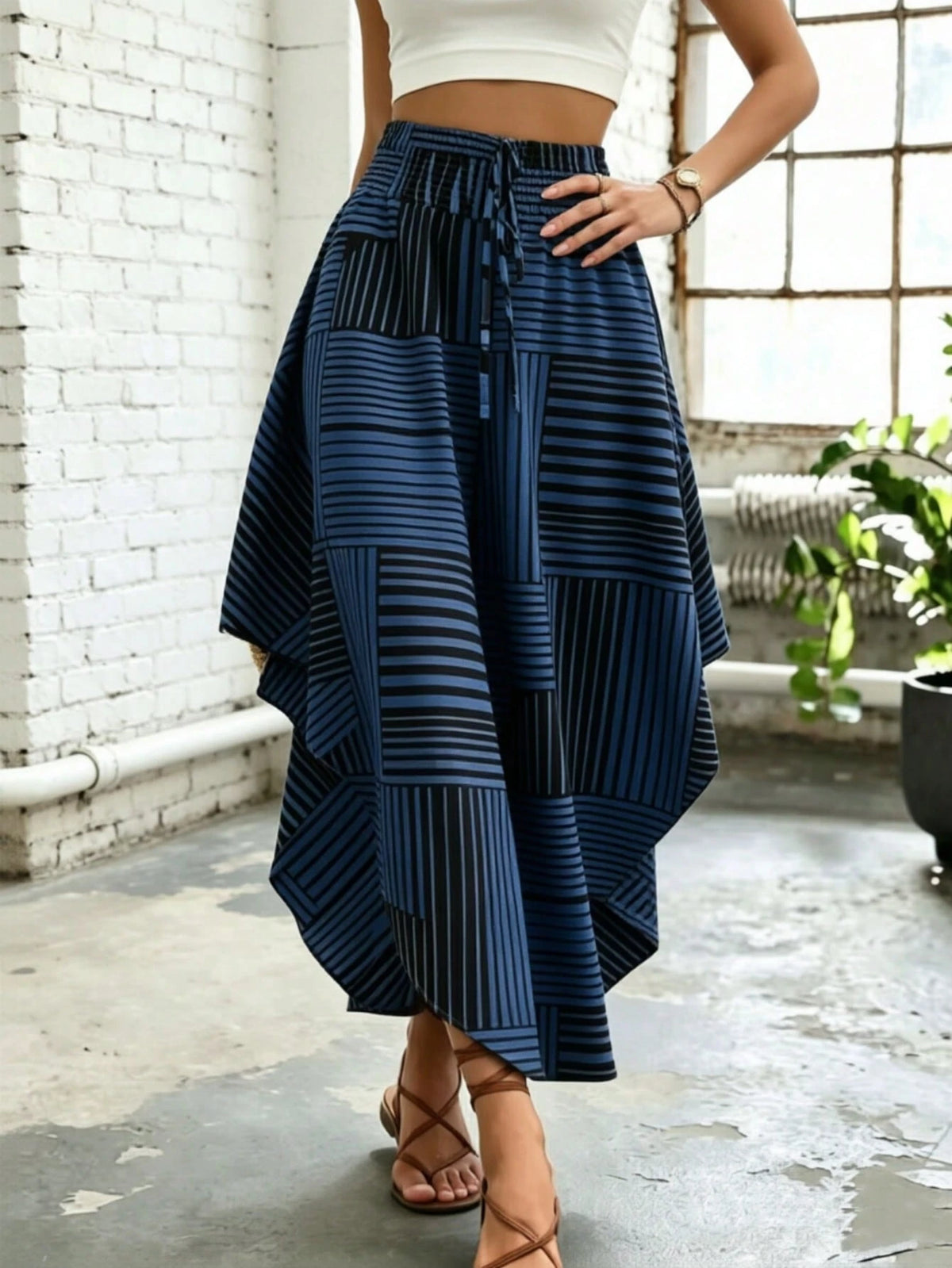 Striped Contrast Color Waist Band Women's Skirt