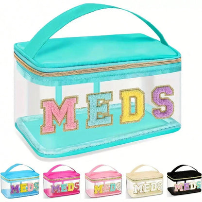 Stylish Black Chenille Letter Patch MEDS Bag- Transparent Travel Medicine Organizer Bag With Handle, Waterproof Nylon Portable Medicine And Toiletries Storage Bag, Suitable For Patients And Nurses.