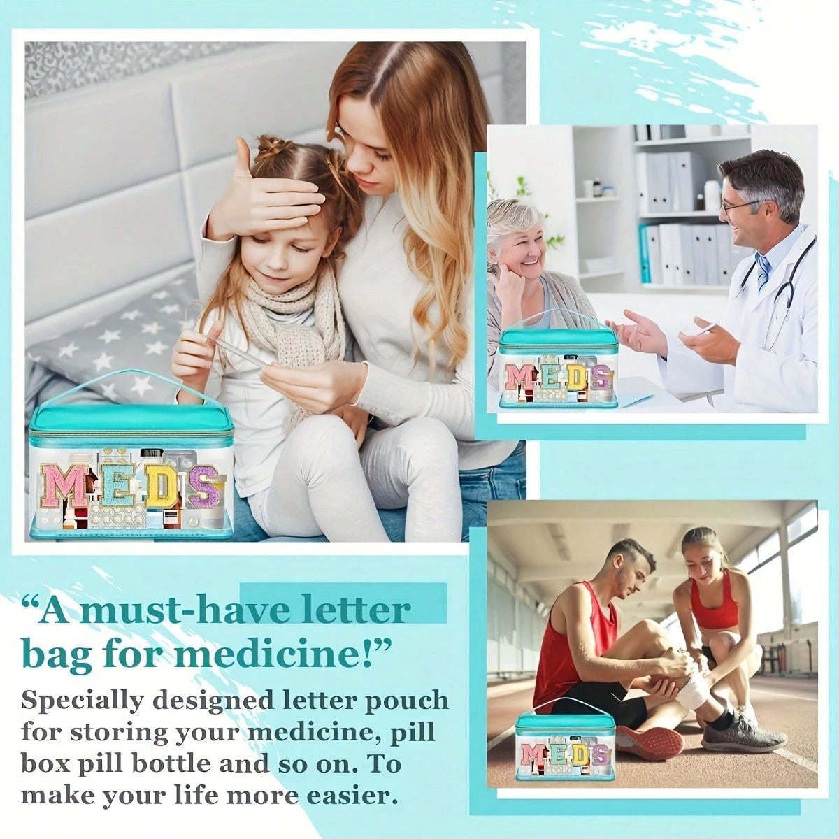 Stylish Black Chenille Letter Patch MEDS Bag- Transparent Travel Medicine Organizer Bag With Handle, Waterproof Nylon Portable Medicine And Toiletries Storage Bag, Suitable For Patients And Nurses.