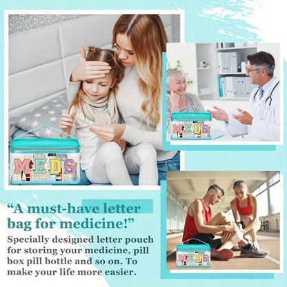 Stylish Black Chenille Letter Patch MEDS Bag- Transparent Travel Medicine Organizer Bag With Handle, Waterproof Nylon Portable Medicine And Toiletries Storage Bag, Suitable For Patients And Nurses.