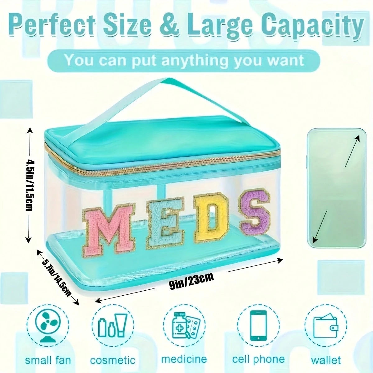 Stylish Black Chenille Letter Patch MEDS Bag- Transparent Travel Medicine Organizer Bag With Handle, Waterproof Nylon Portable Medicine And Toiletries Storage Bag, Suitable For Patients And Nurses.