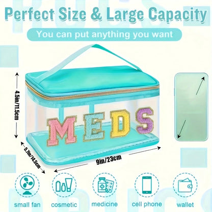Stylish Black Chenille Letter Patch MEDS Bag- Transparent Travel Medicine Organizer Bag With Handle, Waterproof Nylon Portable Medicine And Toiletries Storage Bag, Suitable For Patients And Nurses.