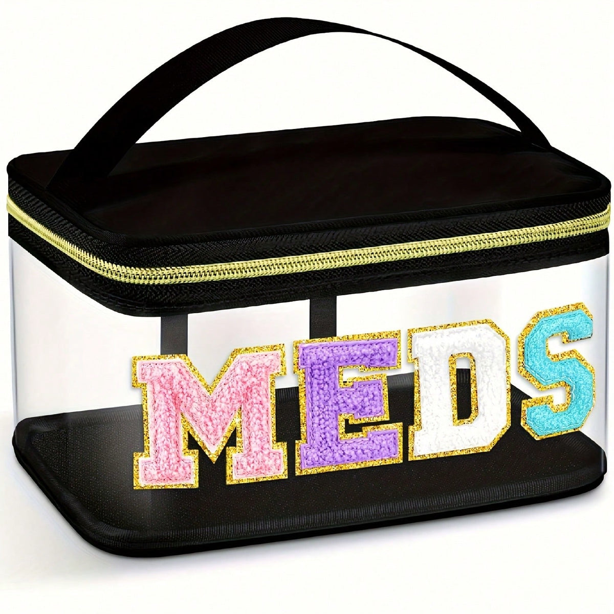 Stylish Black Chenille Letter Patch MEDS Bag- Transparent Travel Medicine Organizer Bag With Handle, Waterproof Nylon Portable Medicine And Toiletries Storage Bag, Suitable For Patients And Nurses.