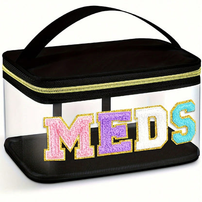 Stylish Black Chenille Letter Patch MEDS Bag- Transparent Travel Medicine Organizer Bag With Handle, Waterproof Nylon Portable Medicine And Toiletries Storage Bag, Suitable For Patients And Nurses.