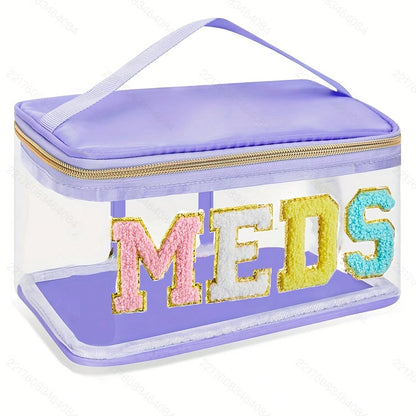 Stylish Black Chenille Letter Patch MEDS Bag- Transparent Travel Medicine Organizer Bag With Handle, Waterproof Nylon Portable Medicine And Toiletries Storage Bag, Suitable For Patients And Nurses.