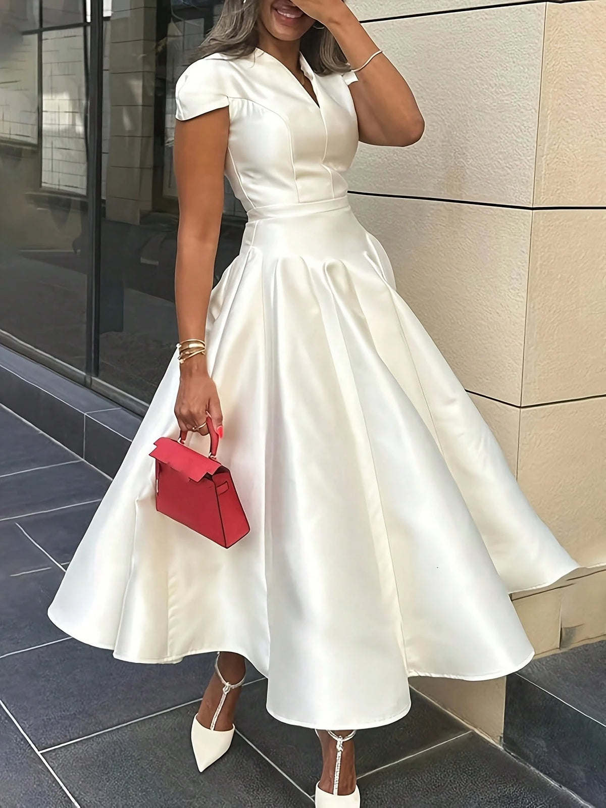 Summer Dresses For Womenvestidos Elegantes De MujerSolid Color Short Sleeves V-Neck Midi DressesLoose And Comfortabledresses For Womendresses For Wom