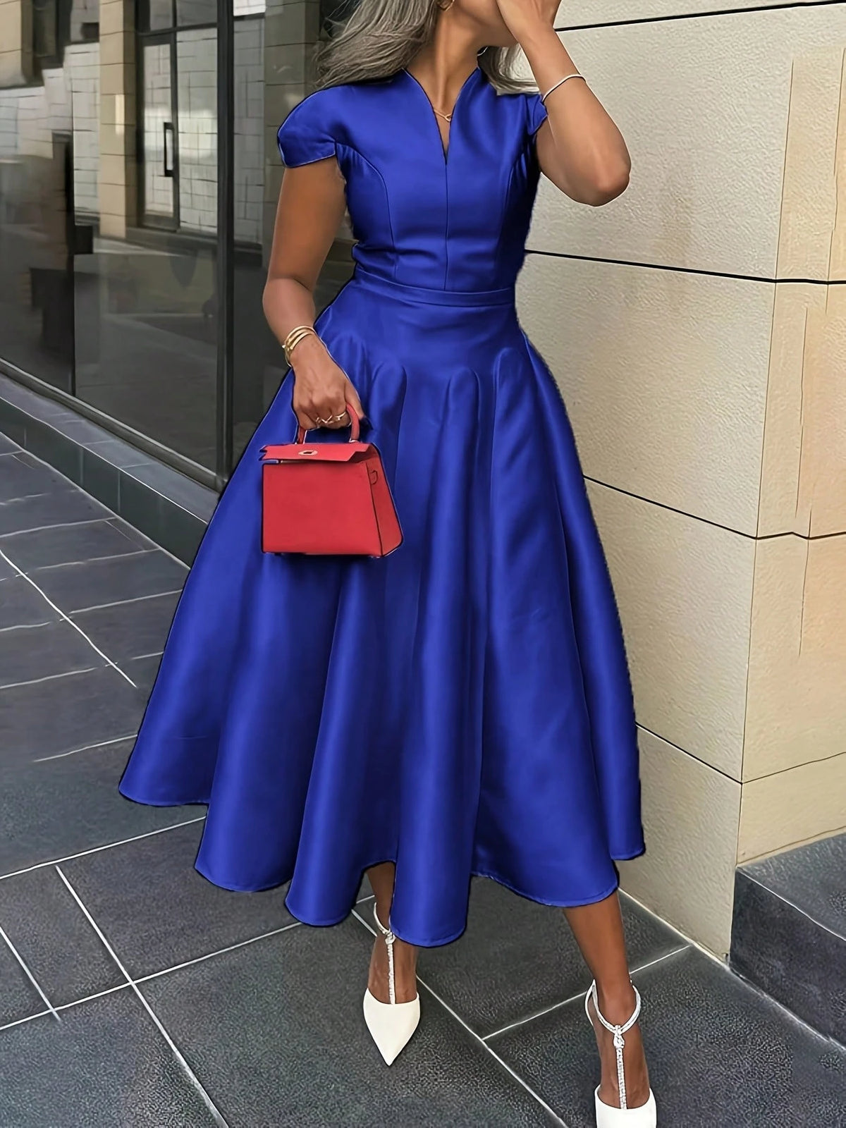 Summer Dresses For Womenvestidos Elegantes De MujerSolid Color Short Sleeves V-Neck Midi DressesLoose And Comfortabledresses For Womendresses For Wom