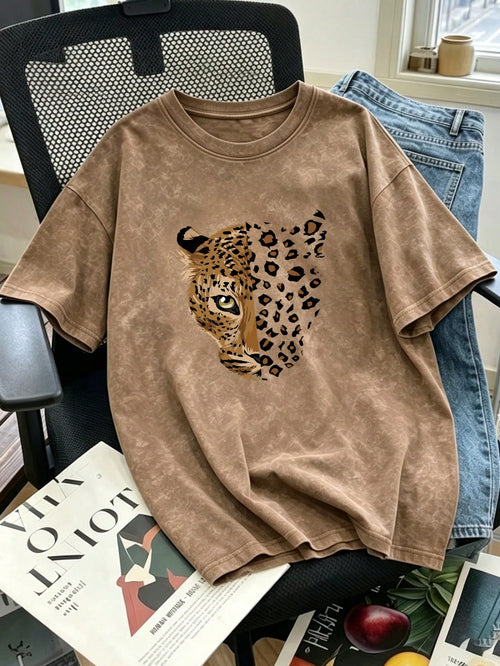 Summer New Vintage Leopard Face Print Casual Round Neck Tie-Dye Short Sleeve T-Shirt, Gorgeous Personalized Versatile T-Shirt For Women Brown