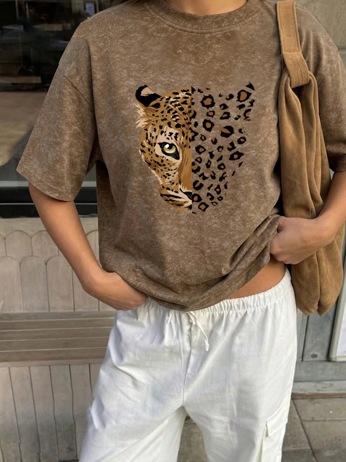 Summer New Vintage Leopard Face Print Casual Round Neck Tie-Dye Short Sleeve T-Shirt, Gorgeous Personalized Versatile T-Shirt For Women Brown