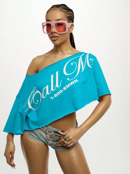SUMWON WOMEN Off Shoulder Asymmetric Graphic Logo Crop Top Festival Streetwear Active Club Top Summer Statement Fashion Music Concert Tee