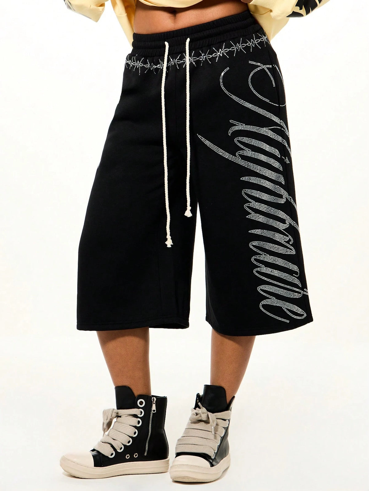 SUMWON WOMEN Rhinestone Script Drawstring Bermuda Length Wide Leg Casual Shorts With Embellished Waistband Detail