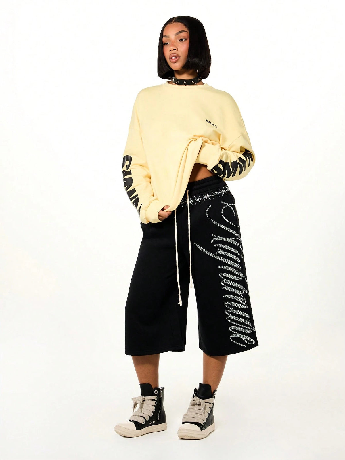 SUMWON WOMEN Rhinestone Script Drawstring Bermuda Length Wide Leg Casual Shorts With Embellished Waistband Detail