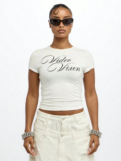 SUMWON WOMEN Video Vixen Crop Top Baby Tee Festival Y2K Aesthetic Casual Summer Short Sleeve Statement Graphic T-Shirt Streetwear Fashion Basic Fitted Tee
