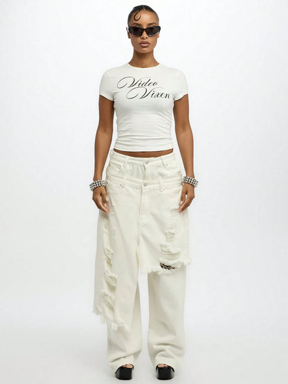 SUMWON WOMEN Video Vixen Crop Top Baby Tee Festival Y2K Aesthetic Casual Summer Short Sleeve Statement Graphic T-Shirt Streetwear Fashion Basic Fitted Tee