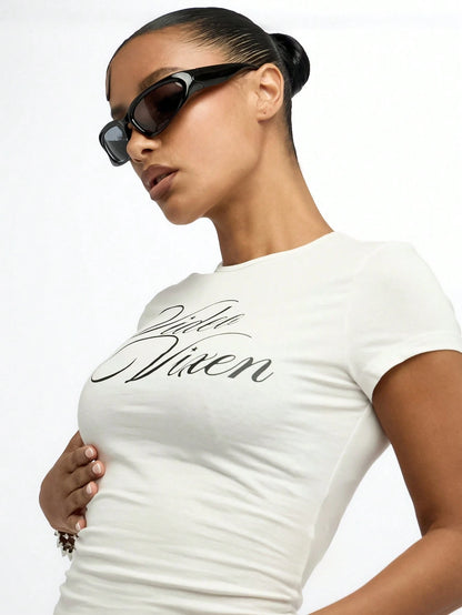 SUMWON WOMEN Video Vixen Crop Top Baby Tee Festival Y2K Aesthetic Casual Summer Short Sleeve Statement Graphic T-Shirt Streetwear Fashion Basic Fitted Tee