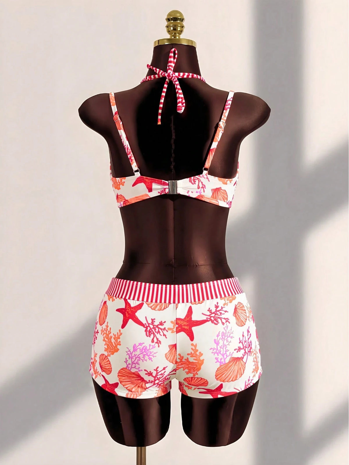 Sunnyshic Spring/Summer 2-Piece Women's Beachwear Set, Fashionable Cute Sexy Vacation Seaside Swimming Pool Party Random Print Ocean Animal Shell 2 In 1 Halter Backless Tie Triangle Bandeau Top And Hi