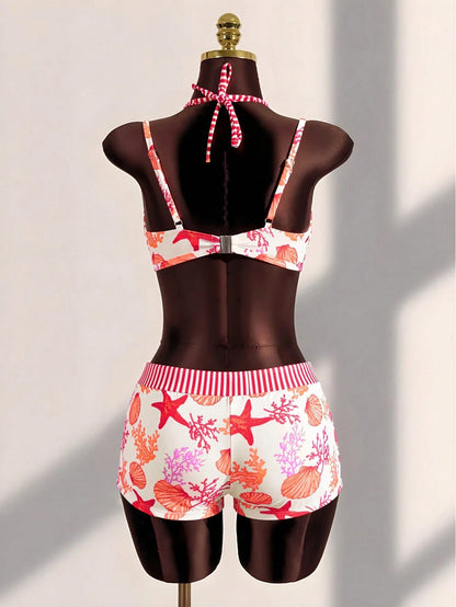 Sunnyshic Spring/Summer 2-Piece Women's Beachwear Set, Fashionable Cute Sexy Vacation Seaside Swimming Pool Party Random Print Ocean Animal Shell 2 In 1 Halter Backless Tie Triangle Bandeau Top And Hi