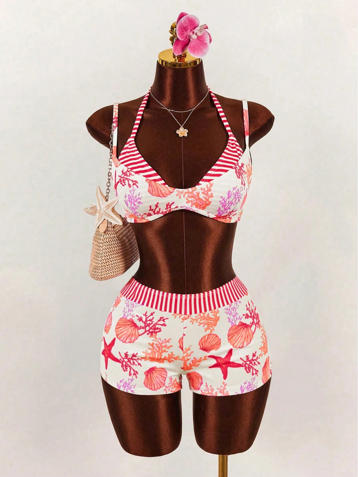 Sunnyshic Spring/Summer 2-Piece Women's Beachwear Set, Fashionable Cute Sexy Vacation Seaside Swimming Pool Party Random Print Ocean Animal Shell 2 In 1 Halter Backless Tie Triangle Bandeau Top And Hi