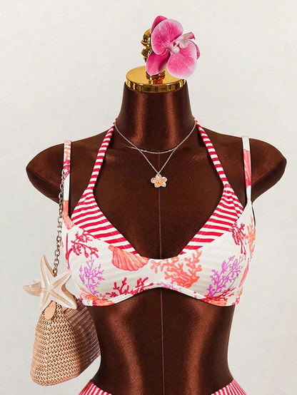 Sunnyshic Spring/Summer 2-Piece Women's Beachwear Set, Fashionable Cute Sexy Vacation Seaside Swimming Pool Party Random Print Ocean Animal Shell 2 In 1 Halter Backless Tie Triangle Bandeau Top And Hi