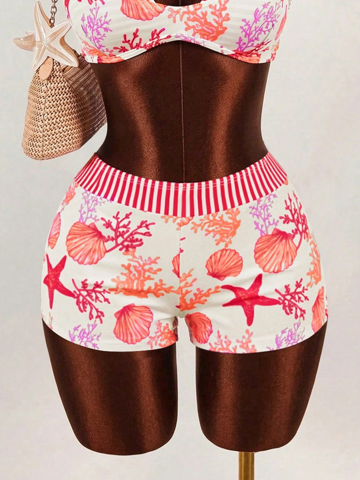 Sunnyshic Spring/Summer 2-Piece Women's Beachwear Set, Fashionable Cute Sexy Vacation Seaside Swimming Pool Party Random Print Ocean Animal Shell 2 In 1 Halter Backless Tie Triangle Bandeau Top And Hi