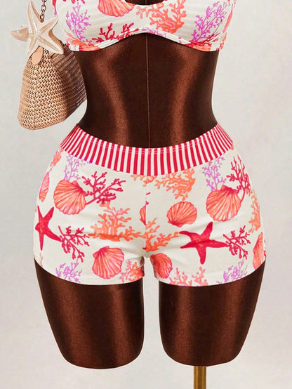 Sunnyshic Spring/Summer 2-Piece Women's Beachwear Set, Fashionable Cute Sexy Vacation Seaside Swimming Pool Party Random Print Ocean Animal Shell 2 In 1 Halter Backless Tie Triangle Bandeau Top And Hi