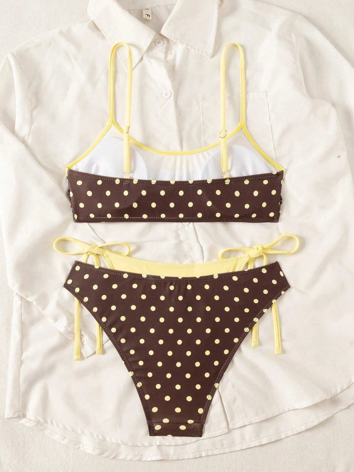 Sunnyshic Women's Summer Beach Vacations Sexy Yellow-Brown Polka-Dot Print Layered Bikini Set,Sexy Two-Piece Swimsuit Set