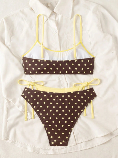 Sunnyshic Women's Summer Beach Vacations Sexy Yellow-Brown Polka-Dot Print Layered Bikini Set,Sexy Two-Piece Swimsuit Set