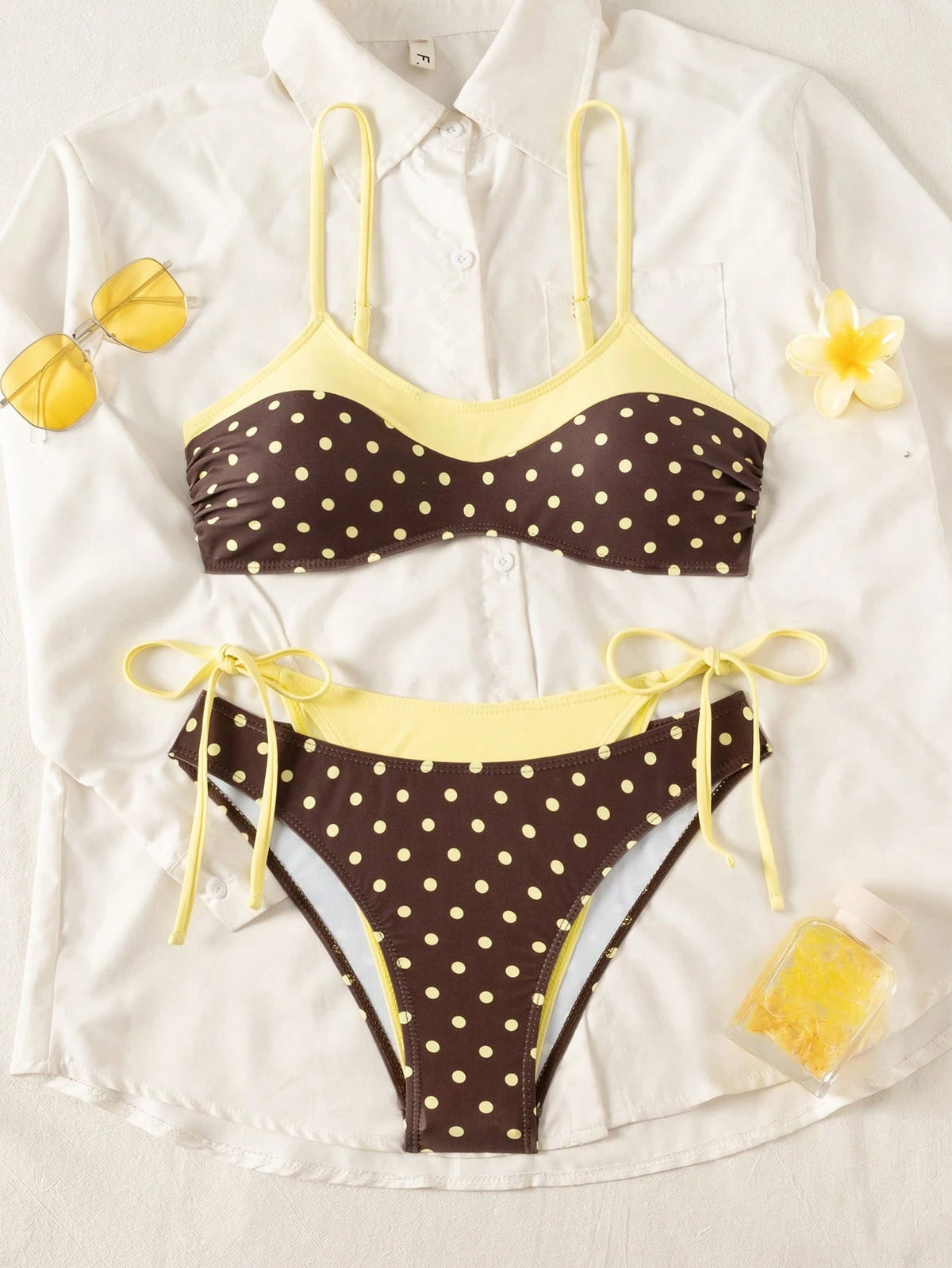 Sunnyshic Women's Summer Beach Vacations Sexy Yellow-Brown Polka-Dot Print Layered Bikini Set,Sexy Two-Piece Swimsuit Set