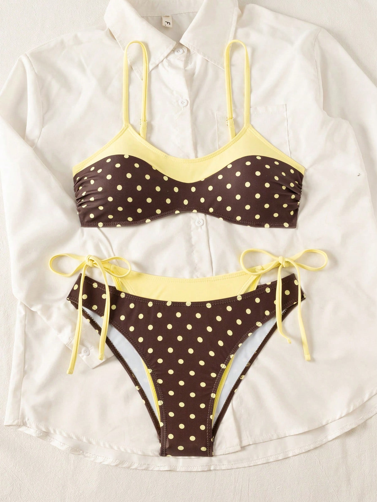 Sunnyshic Women's Summer Beach Vacations Sexy Yellow-Brown Polka-Dot Print Layered Bikini Set,Sexy Two-Piece Swimsuit Set