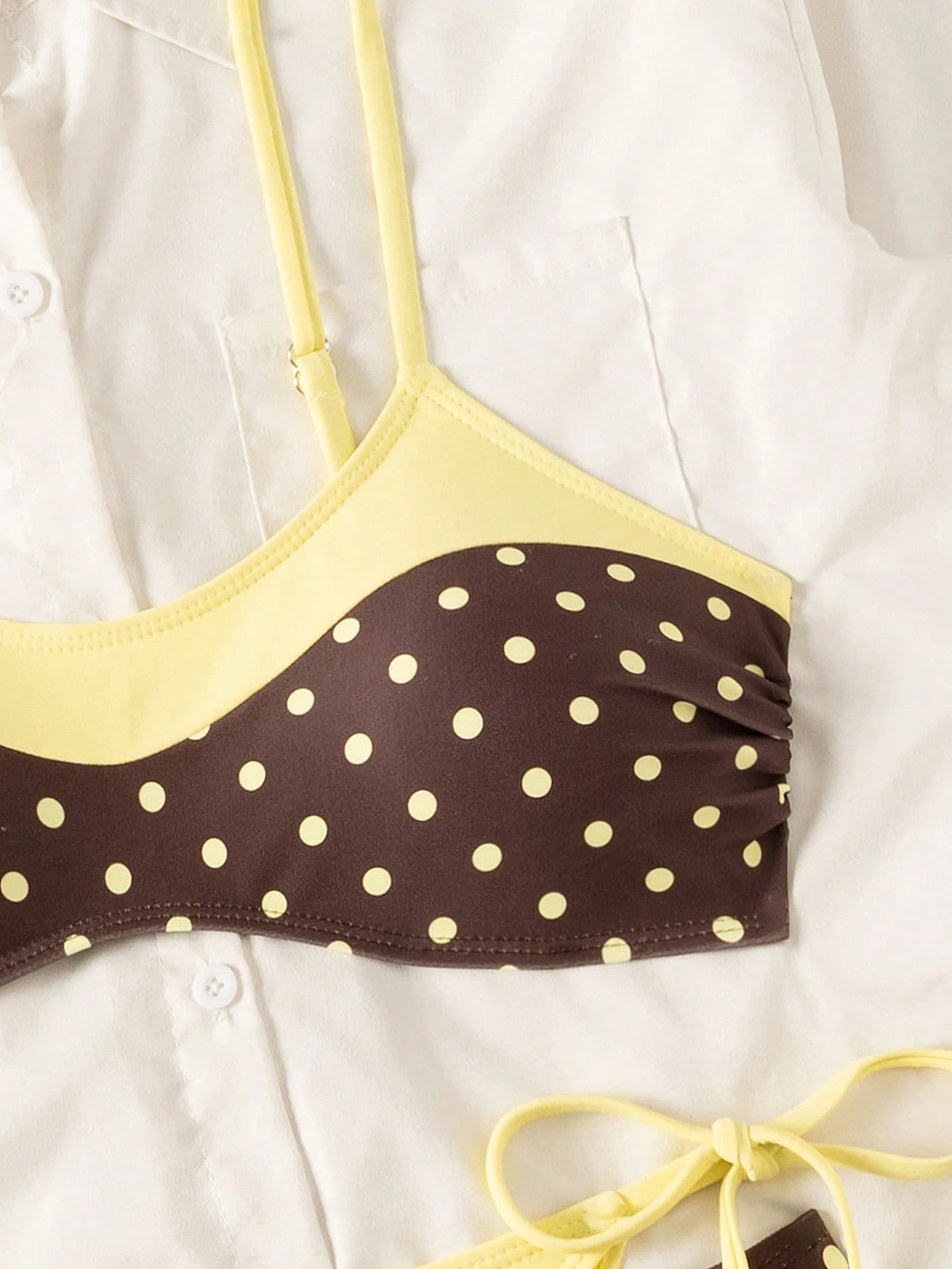 Sunnyshic Women's Summer Beach Vacations Sexy Yellow-Brown Polka-Dot Print Layered Bikini Set,Sexy Two-Piece Swimsuit Set