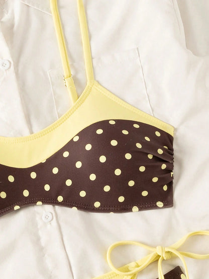 Sunnyshic Women's Summer Beach Vacations Sexy Yellow-Brown Polka-Dot Print Layered Bikini Set,Sexy Two-Piece Swimsuit Set